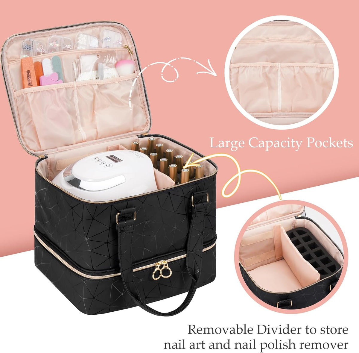 Nail Polish Organizer Bag Holds 42 Bottles Nail Polish & Nail Lamp, Gel Nail Polish Organizers and Storage box for Nail Tech, Nail Kit Supplies Organizer Case - Black