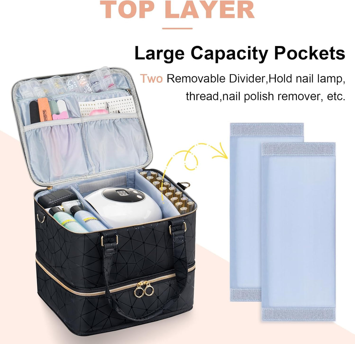 Nail Polish Organizer Bag Holds 42 Bottles Nail Polish & Nail Lamp, Gel Nail Polish Organizers and Storage box for Nail Tech, Nail Kit Supplies Organizer Case - Black