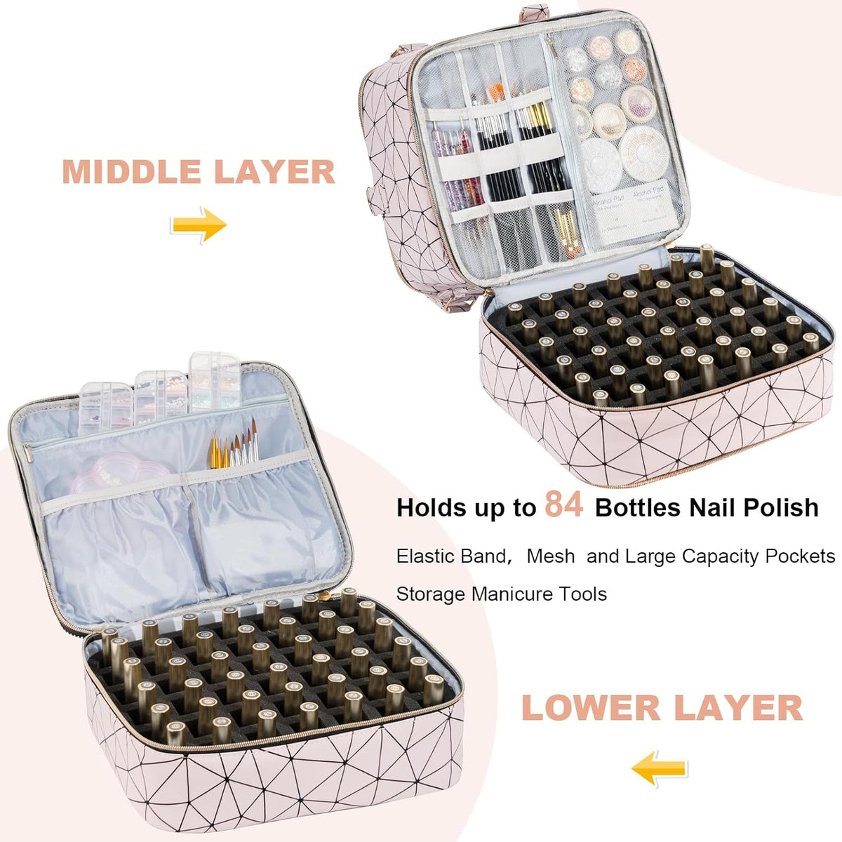 Nail Polish Organizer Bag Holds 42 Bottles Nail Polish & Nail Lamp, Gel Nail Polish Organizers and Storage box for Nail Tech, Nail Kit Supplies Organizer Case - Black