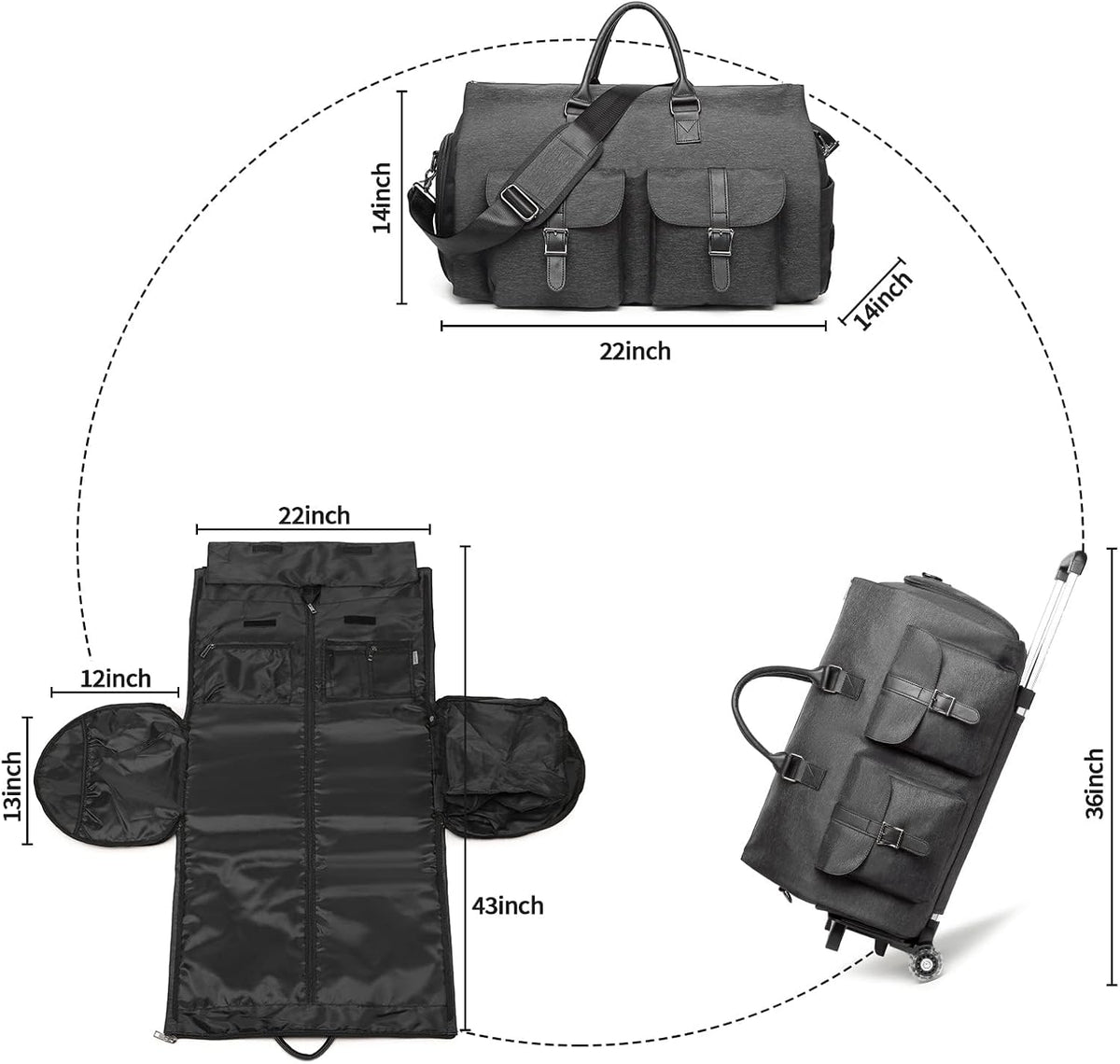 Rolling Garment Bag,Rolling Duffle Bag with Wheels Rolling Garment Bags for Travel with Shoe Pouch Carry On Bag Weekender Bags Garment Duffel Bag for Women-Grey
