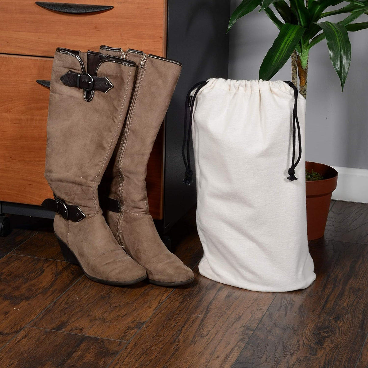Cloth Bags, Black Duster Flannel Boot Storage with Drawstring Closure, Washable Breathable Cotton Fabric for Shoe, Luggage, 12.5x20.5, 2 Pack