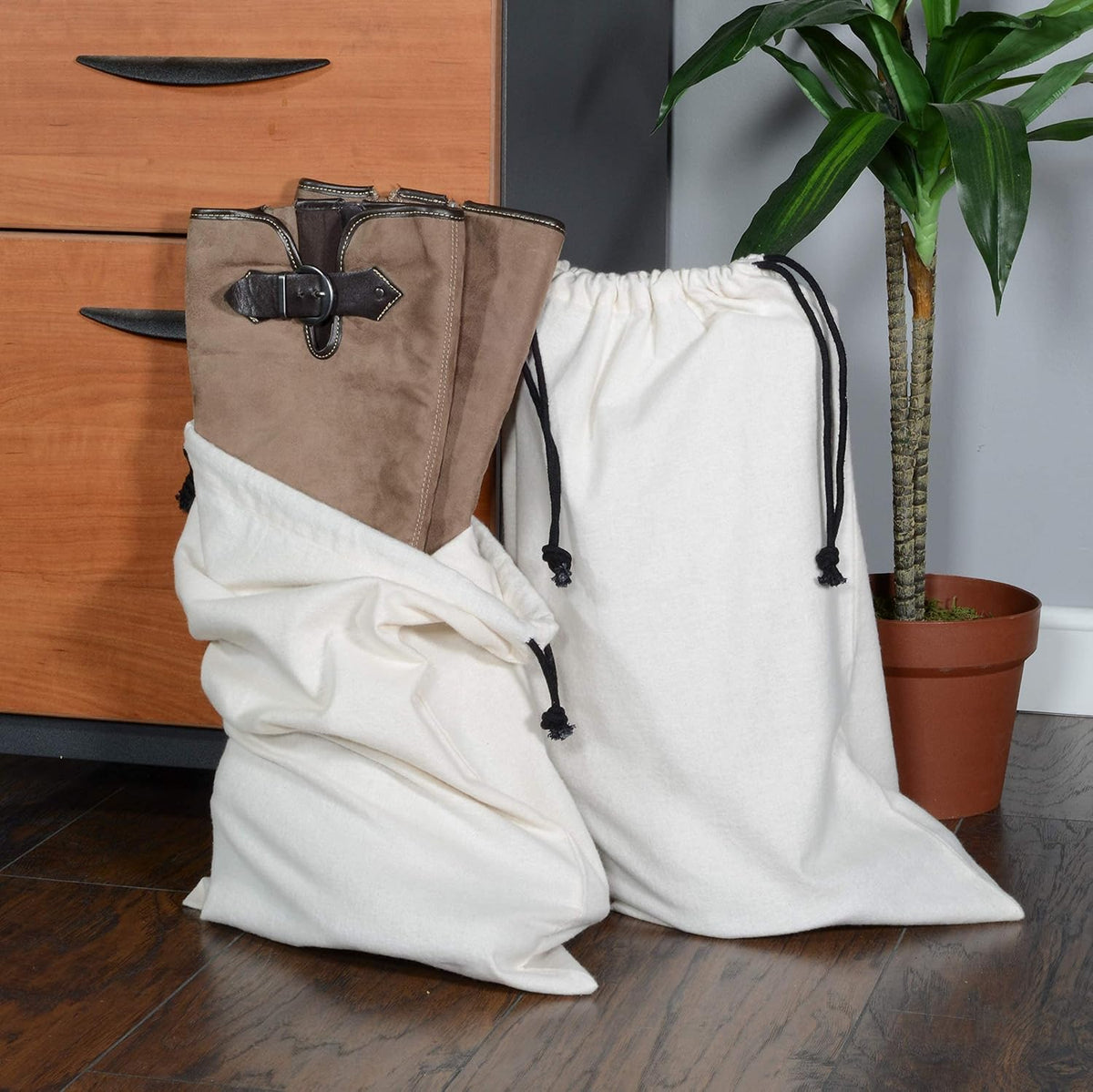 Cloth Bags, Black Duster Flannel Boot Storage with Drawstring Closure, Washable Breathable Cotton Fabric for Shoe, Luggage, 12.5x20.5, 2 Pack