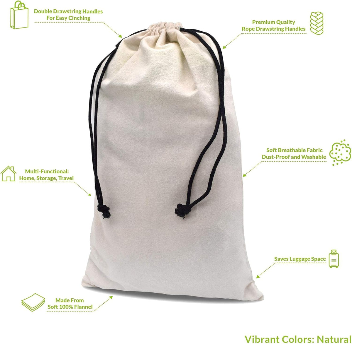Cloth Bags, Black Duster Flannel Boot Storage with Drawstring Closure, Washable Breathable Cotton Fabric for Shoe, Luggage, 12.5x20.5, 2 Pack