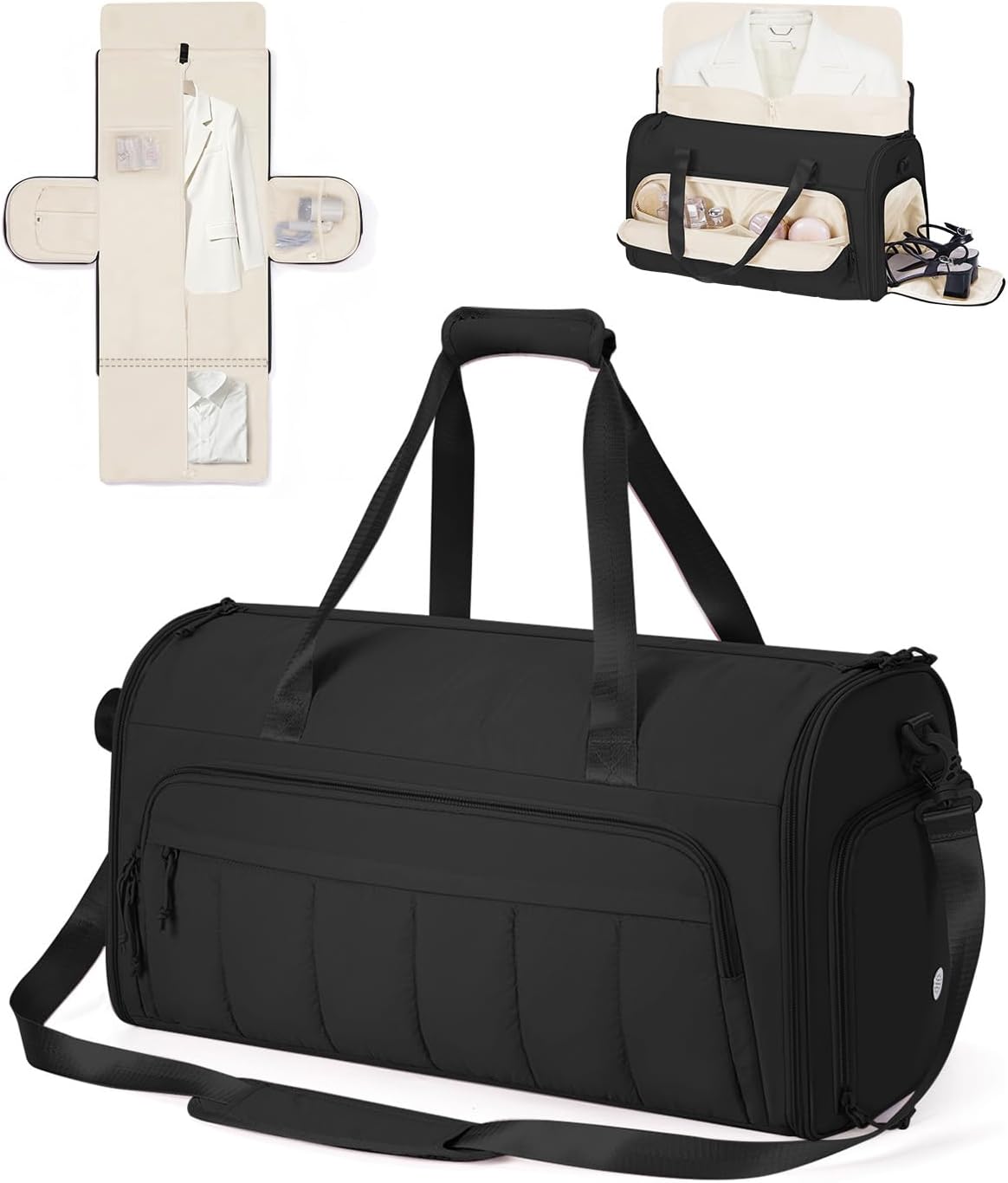 Convertible Garment Bags for Travel with Wet Pocket Carry on Garment Duffle Bag 2 in 1 Puffy Hanging Clothes Travel Bags with Shoe Compartment for Airplanes Business Weekend Gym Wedding (Black)