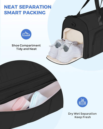 Convertible Garment Bags for Travel with Wet Pocket Carry on Garment Duffle Bag 2 in 1 Puffy Hanging Clothes Travel Bags with Shoe Compartment for Airplanes Business Weekend Gym Wedding (Black)