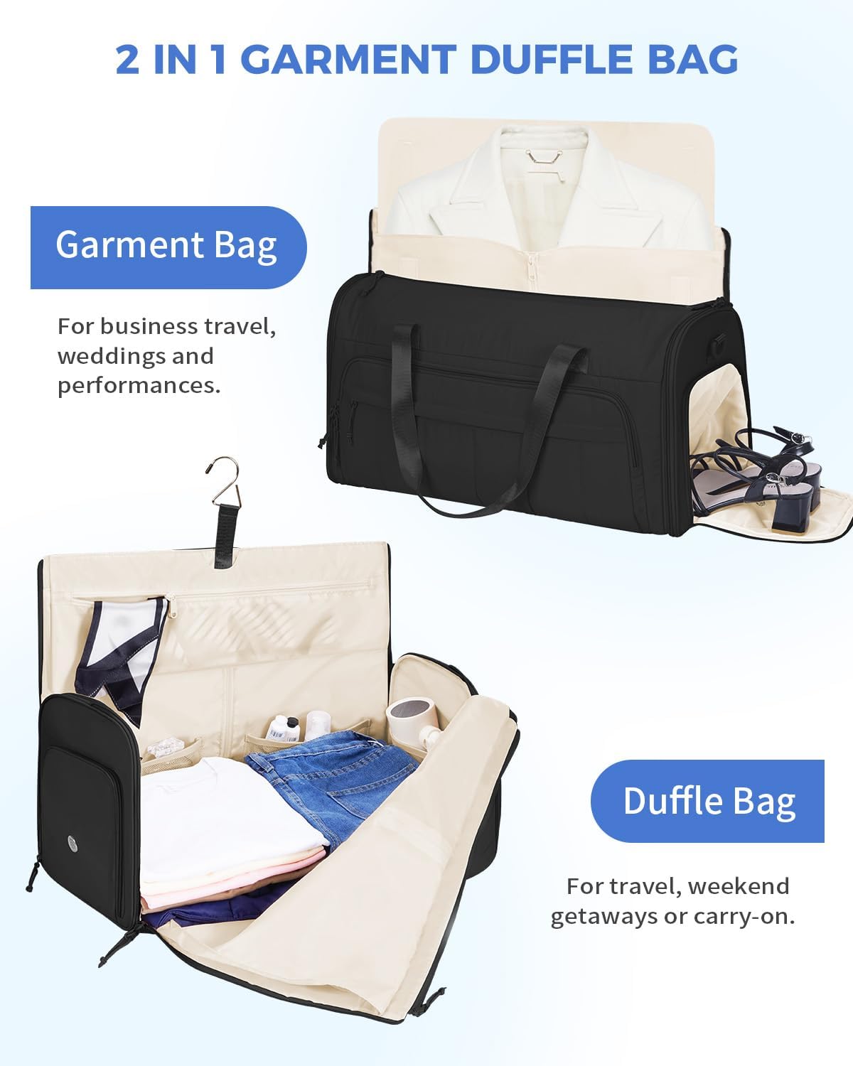 Convertible Garment Bags for Travel with Wet Pocket Carry on Garment Duffle Bag 2 in 1 Puffy Hanging Clothes Travel Bags with Shoe Compartment for Airplanes Business Weekend Gym Wedding (Black)