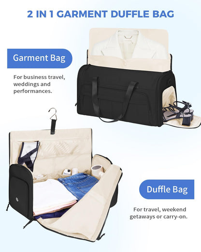 Convertible Garment Bags for Travel with Wet Pocket Carry on Garment Duffle Bag 2 in 1 Puffy Hanging Clothes Travel Bags with Shoe Compartment for Airplanes Business Weekend Gym Wedding (Black)