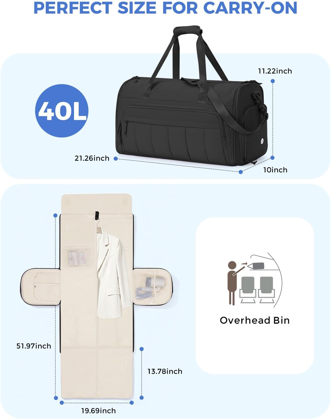 Convertible Garment Bags for Travel with Wet Pocket Carry on Garment Duffle Bag 2 in 1 Puffy Hanging Clothes Travel Bags with Shoe Compartment for Airplanes Business Weekend Gym Wedding (Black)