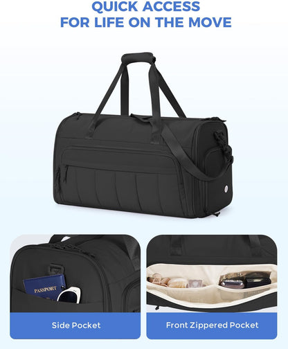 Convertible Garment Bags for Travel with Wet Pocket Carry on Garment Duffle Bag 2 in 1 Puffy Hanging Clothes Travel Bags with Shoe Compartment for Airplanes Business Weekend Gym Wedding (Black)