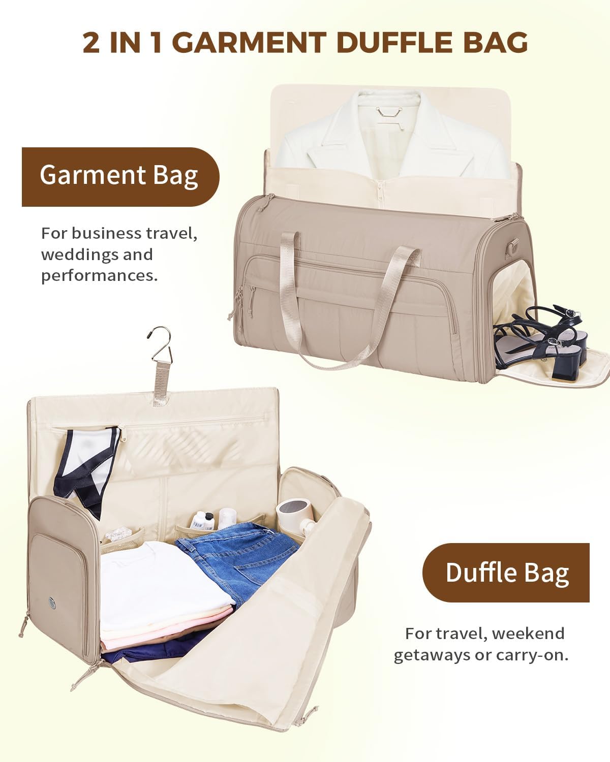 Convertible Garment Bags for Travel with Wet Pocket Carry on Garment Duffle Bag 2 in 1 Puffy Hanging Clothes Travel Bags with Shoe Compartment for Airplanes Business Weekend Gym Wedding (Black)
