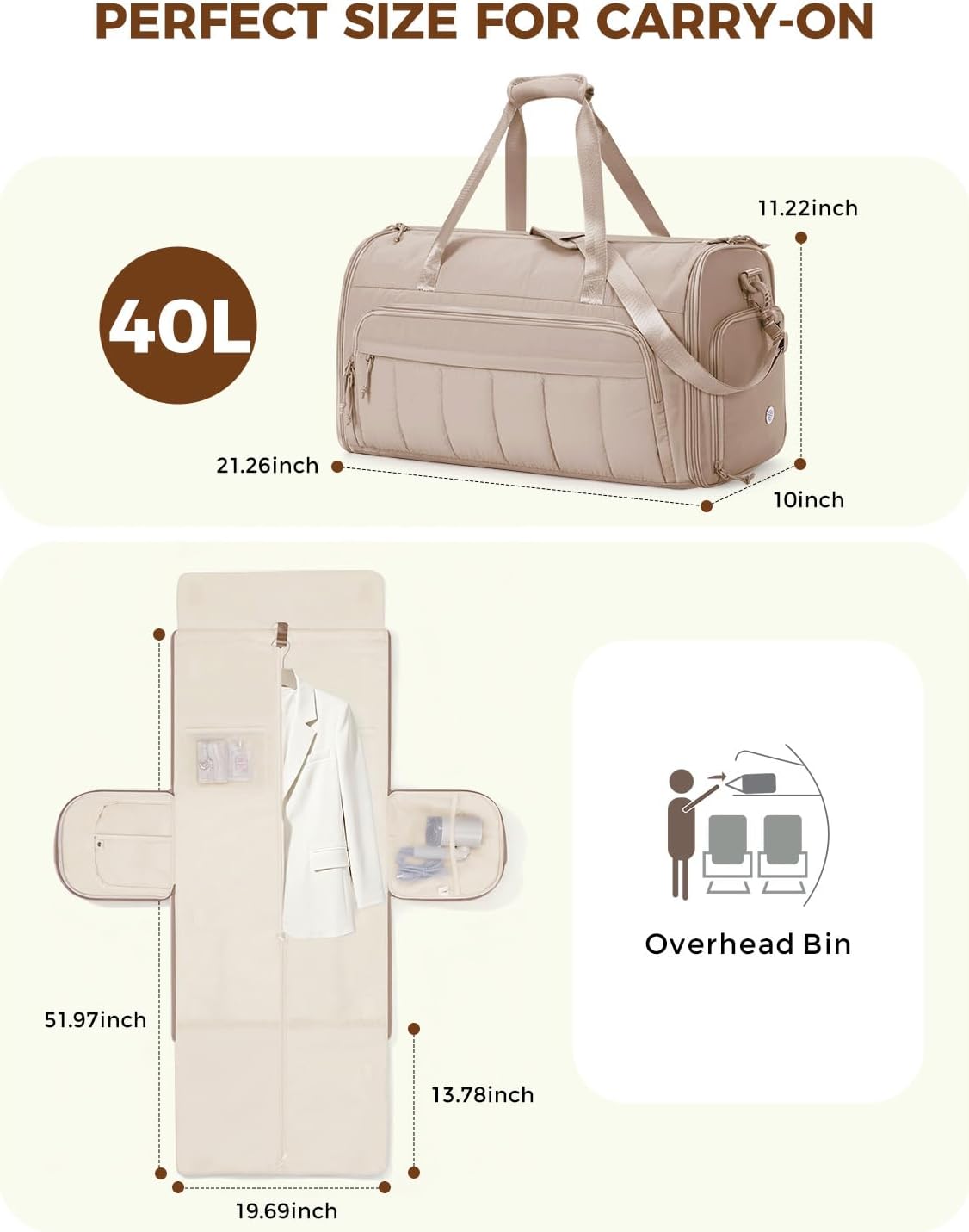 Convertible Garment Bags for Travel with Wet Pocket Carry on Garment Duffle Bag 2 in 1 Puffy Hanging Clothes Travel Bags with Shoe Compartment for Airplanes Business Weekend Gym Wedding (Black)