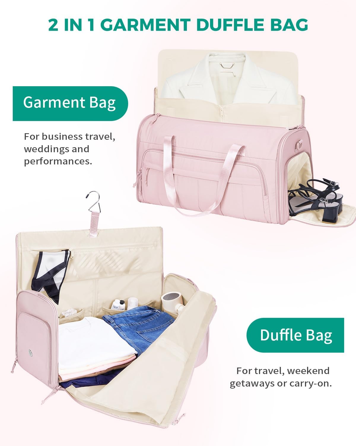 Convertible Garment Bags for Travel with Wet Pocket Carry on Garment Duffle Bag 2 in 1 Puffy Hanging Clothes Travel Bags with Shoe Compartment for Airplanes Business Weekend Gym Wedding (Black)