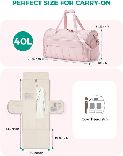 Convertible Garment Bags for Travel with Wet Pocket Carry on Garment Duffle Bag 2 in 1 Puffy Hanging Clothes Travel Bags with Shoe Compartment for Airplanes Business Weekend Gym Wedding (Black)