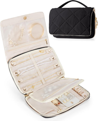 Travel Jewelry Organizer Case, Foldable Jewelry Bag, Pink | with Multi Pockets for Earrings, Rings, Necklaces, Bracelets, Brooches