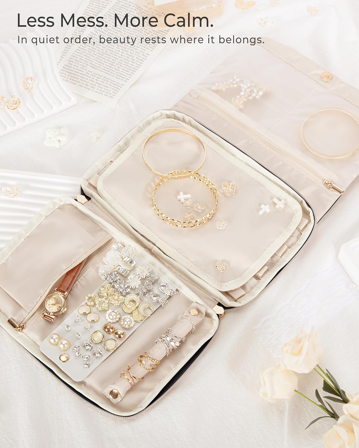 Travel Jewelry Organizer Case, Foldable Jewelry Bag, Pink | with Multi Pockets for Earrings, Rings, Necklaces, Bracelets, Brooches