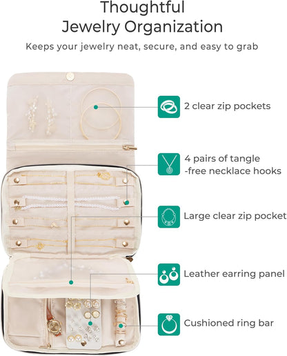 Travel Jewelry Organizer Case, Foldable Jewelry Bag, Pink | with Multi Pockets for Earrings, Rings, Necklaces, Bracelets, Brooches
