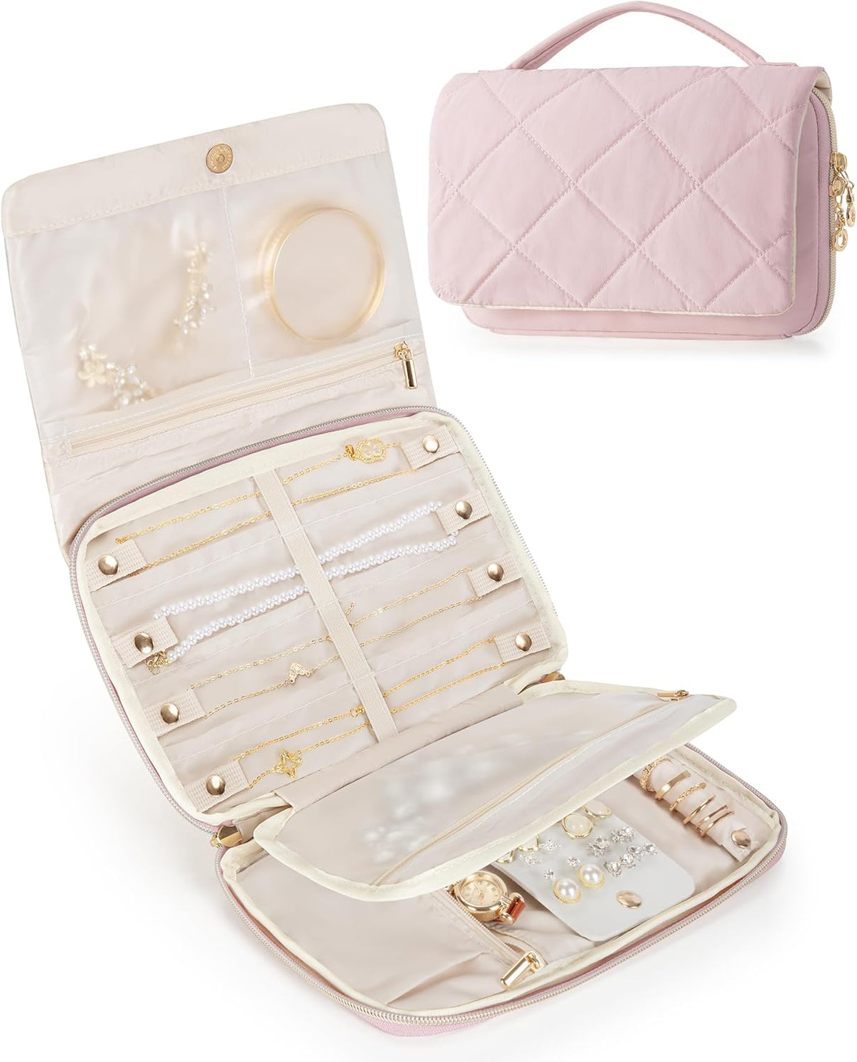 Travel Jewelry Organizer Case, Foldable Jewelry Bag, Pink | with Multi Pockets for Earrings, Rings, Necklaces, Bracelets, Brooches