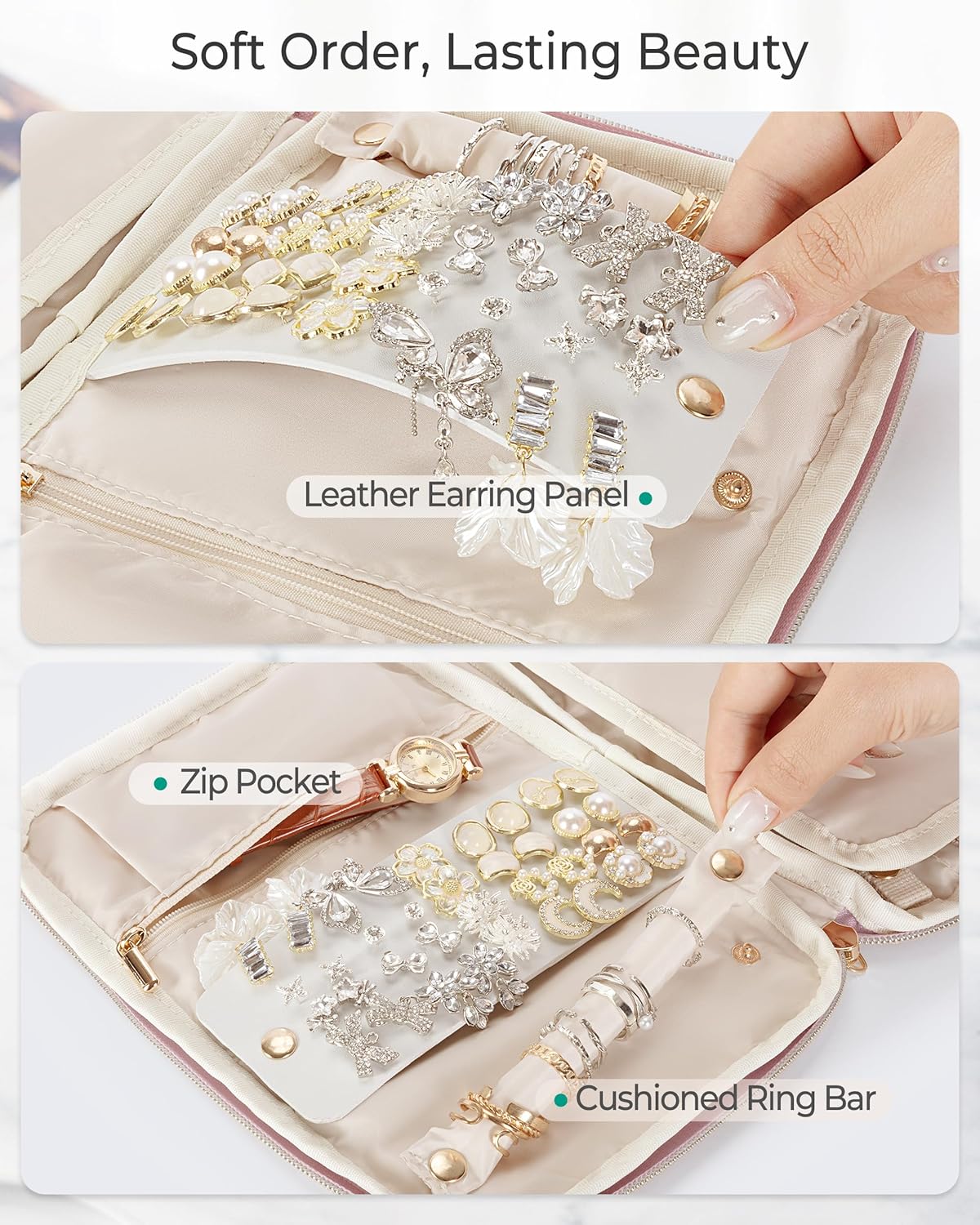 Travel Jewelry Organizer Case, Foldable Jewelry Bag, Pink | with Multi Pockets for Earrings, Rings, Necklaces, Bracelets, Brooches