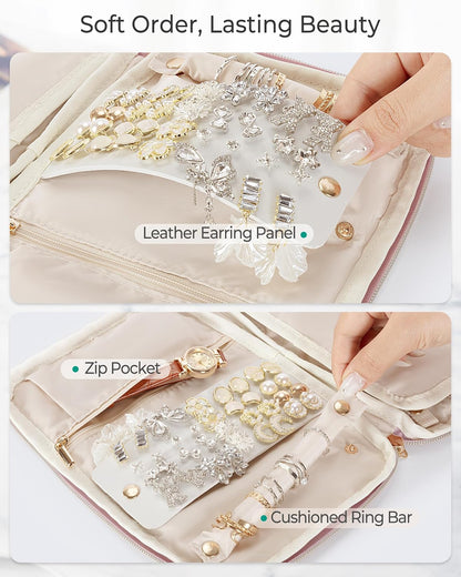 Travel Jewelry Organizer Case, Foldable Jewelry Bag, Pink | with Multi Pockets for Earrings, Rings, Necklaces, Bracelets, Brooches