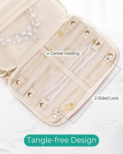 Travel Jewelry Organizer Case, Foldable Jewelry Bag, Pink | with Multi Pockets for Earrings, Rings, Necklaces, Bracelets, Brooches