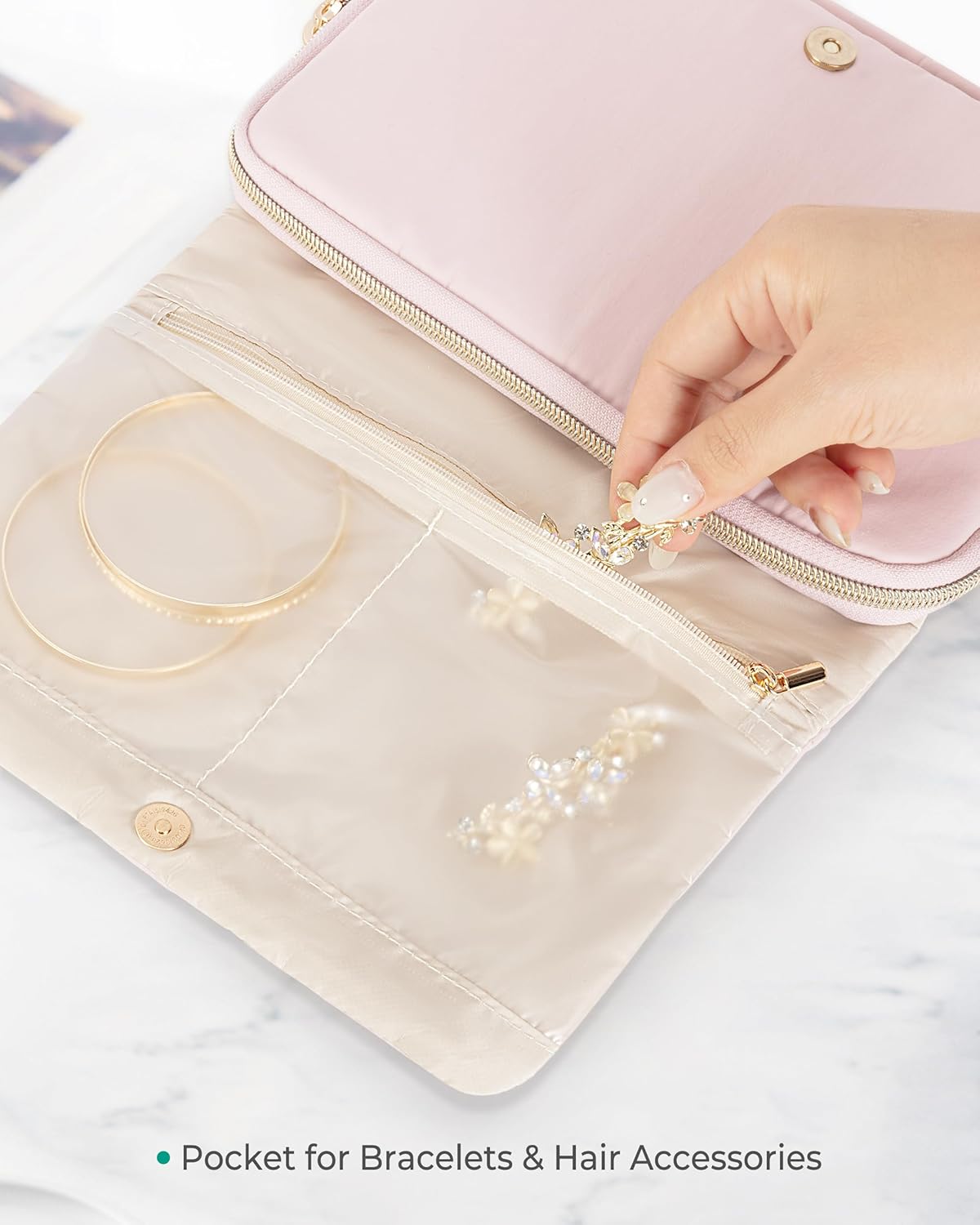 Travel Jewelry Organizer Case, Foldable Jewelry Bag, Pink | with Multi Pockets for Earrings, Rings, Necklaces, Bracelets, Brooches