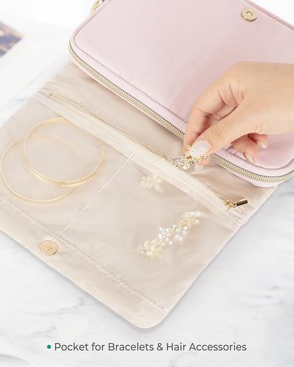 Travel Jewelry Organizer Case, Foldable Jewelry Bag, Pink | with Multi Pockets for Earrings, Rings, Necklaces, Bracelets, Brooches