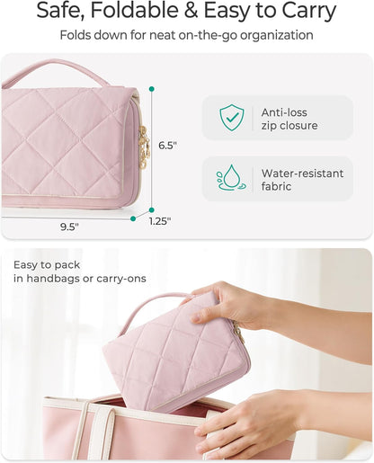Travel Jewelry Organizer Case, Foldable Jewelry Bag, Pink | with Multi Pockets for Earrings, Rings, Necklaces, Bracelets, Brooches