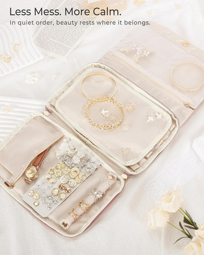 Travel Jewelry Organizer Case, Foldable Jewelry Bag, Pink | with Multi Pockets for Earrings, Rings, Necklaces, Bracelets, Brooches