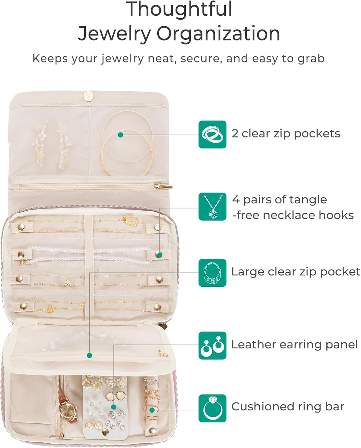 Travel Jewelry Organizer Case, Foldable Jewelry Bag, Pink | with Multi Pockets for Earrings, Rings, Necklaces, Bracelets, Brooches