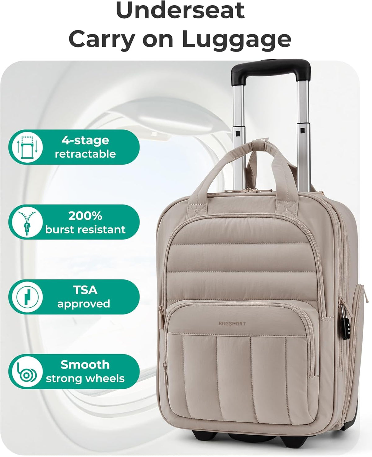Small Underseat Carry on Luggage with Wheels, 16 inch Small Under Seat Luggage, Lightweight Travel Suitcase for Women, Brown