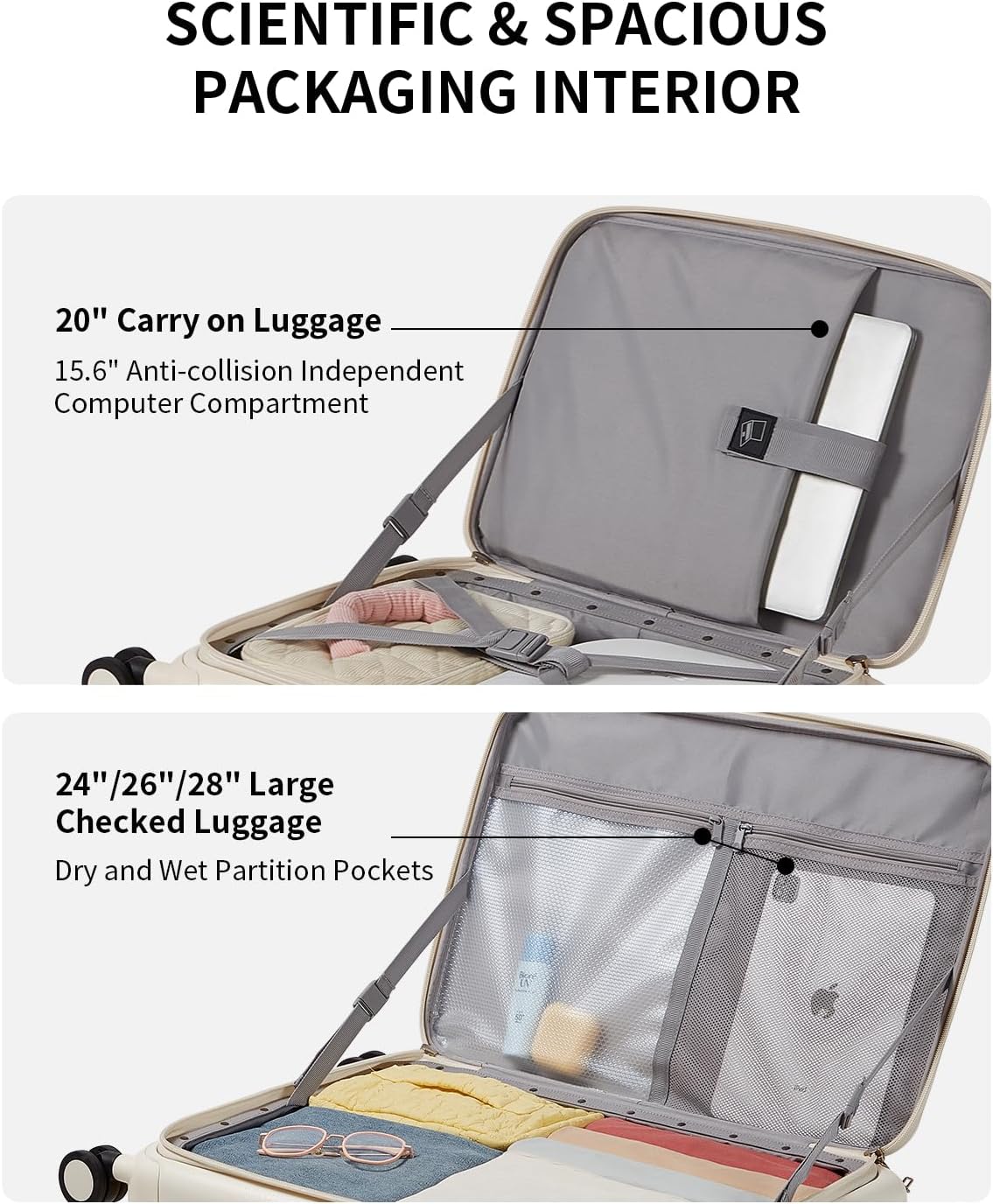 Expandable Top Opening Carry On Luggage Airline Approved, 20 Inch Lightweight Hardside Carry On Suitcase with Spinner Wheels, Travel Luggage with Laptop Compartment for Women Men, Coconut White