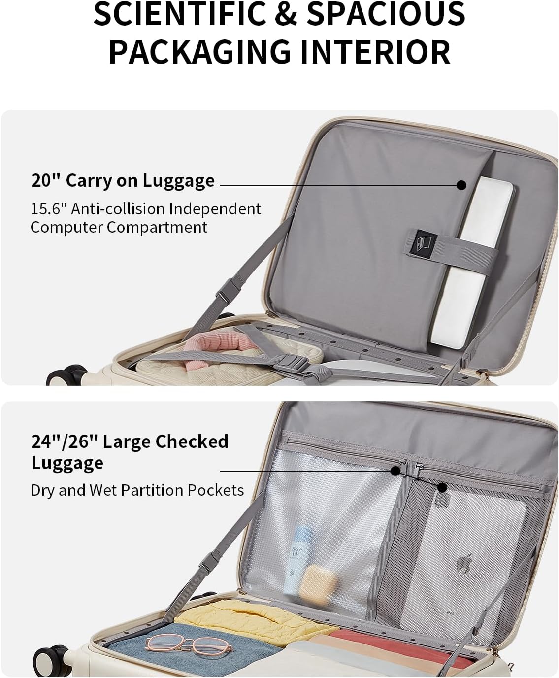 Expandable Top Opening Carry On Luggage Airline Approved, 20 Inch Lightweight Hardside Carry On Suitcase with Spinner Wheels, Travel Luggage with Laptop Compartment for Women Men, Coconut White