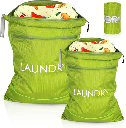 2 Pack Laundry Bags - Foldable Travel Dirty Clothes Organizer with Zipper, Washable Wet Dry Bag for Gym, Swimming, Yoga, and Workout Bathing Suits (Green, Small+ Large)