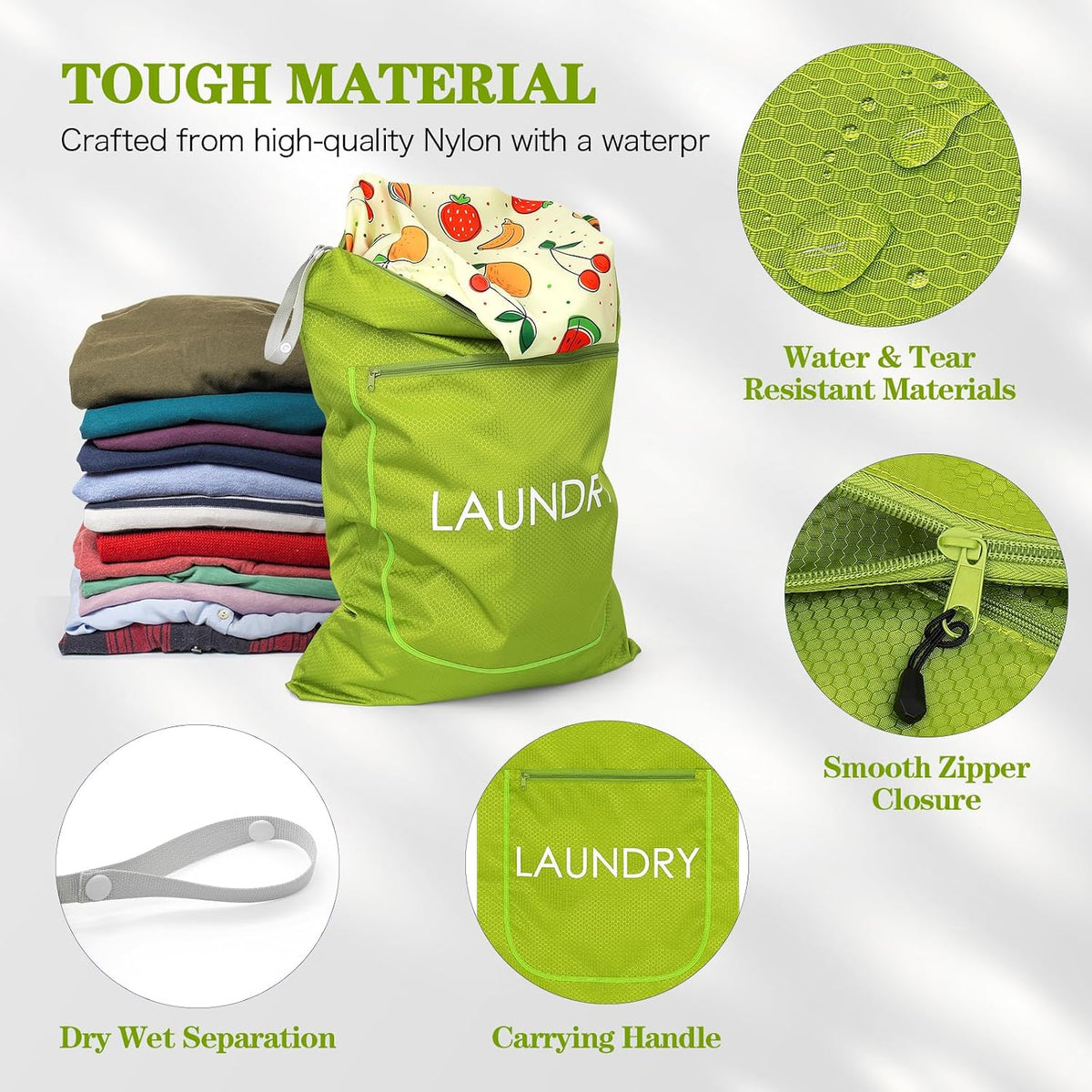 2 Pack Laundry Bags - Foldable Travel Dirty Clothes Organizer with Zipper, Washable Wet Dry Bag for Gym, Swimming, Yoga, and Workout Bathing Suits (Green, Small+ Large)