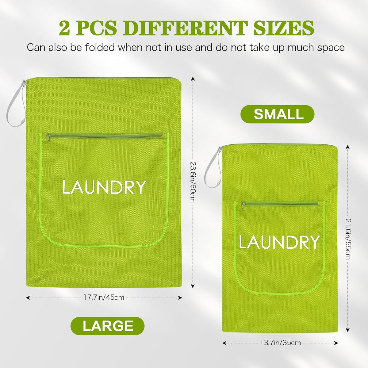 2 Pack Laundry Bags - Foldable Travel Dirty Clothes Organizer with Zipper, Washable Wet Dry Bag for Gym, Swimming, Yoga, and Workout Bathing Suits (Green, Small+ Large)