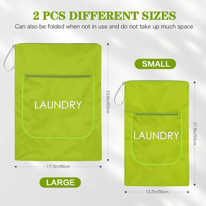 2 Pack Laundry Bags - Foldable Travel Dirty Clothes Organizer with Zipper, Washable Wet Dry Bag for Gym, Swimming, Yoga, and Workout Bathing Suits (Green, Small+ Large)