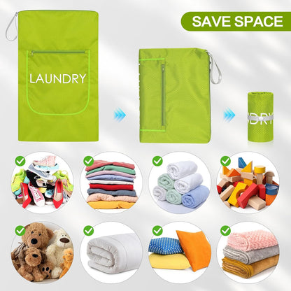 2 Pack Laundry Bags - Foldable Travel Dirty Clothes Organizer with Zipper, Washable Wet Dry Bag for Gym, Swimming, Yoga, and Workout Bathing Suits (Green, Small+ Large)