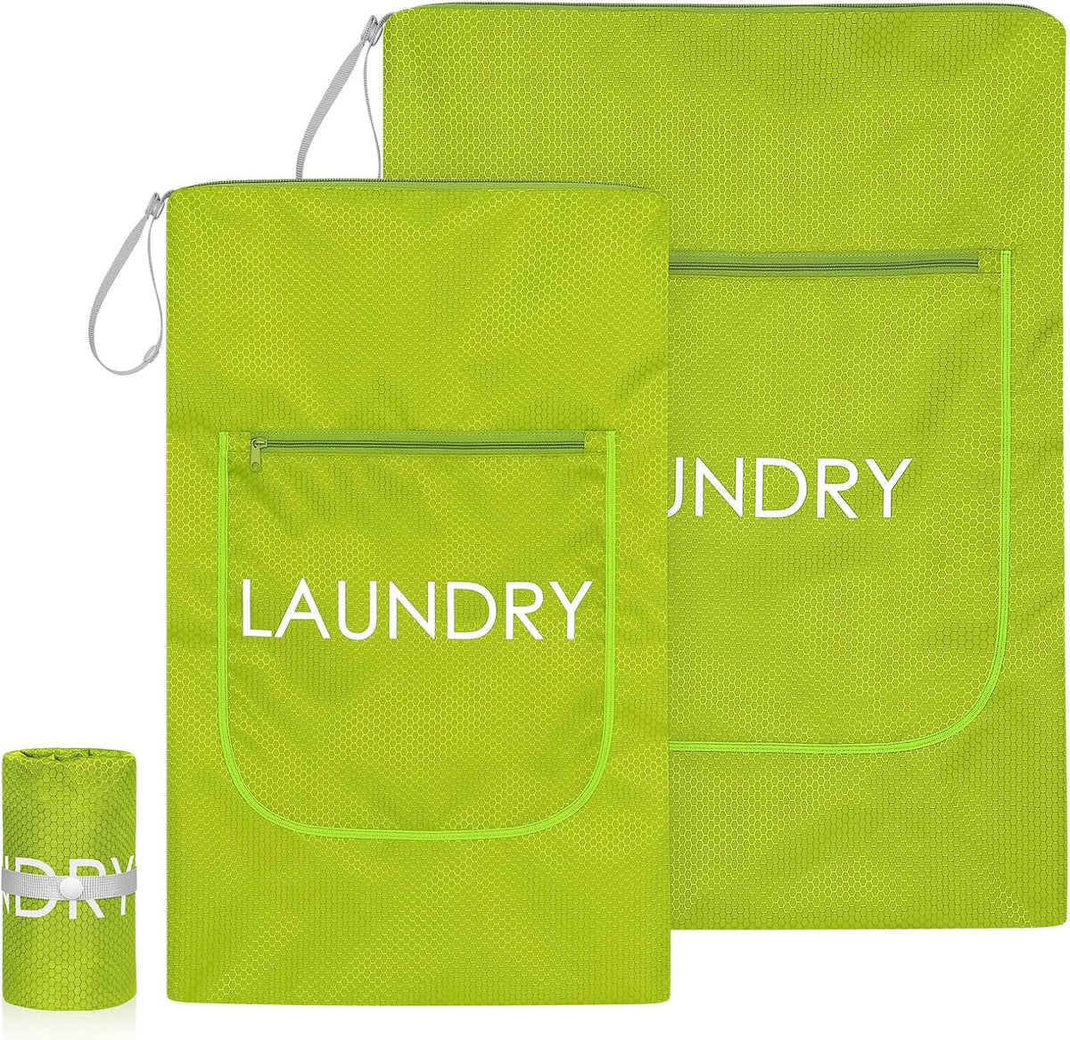 2 Pack Laundry Bags - Foldable Travel Dirty Clothes Organizer with Zipper, Washable Wet Dry Bag for Gym, Swimming, Yoga, and Workout Bathing Suits (Green, Small+ Large)
