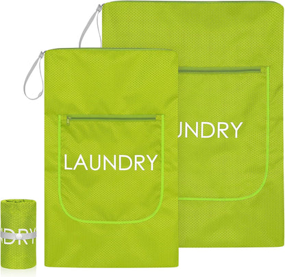 2 Pack Laundry Bags - Foldable Travel Dirty Clothes Organizer with Zipper, Washable Wet Dry Bag for Gym, Swimming, Yoga, and Workout Bathing Suits (Green, Small+ Large)