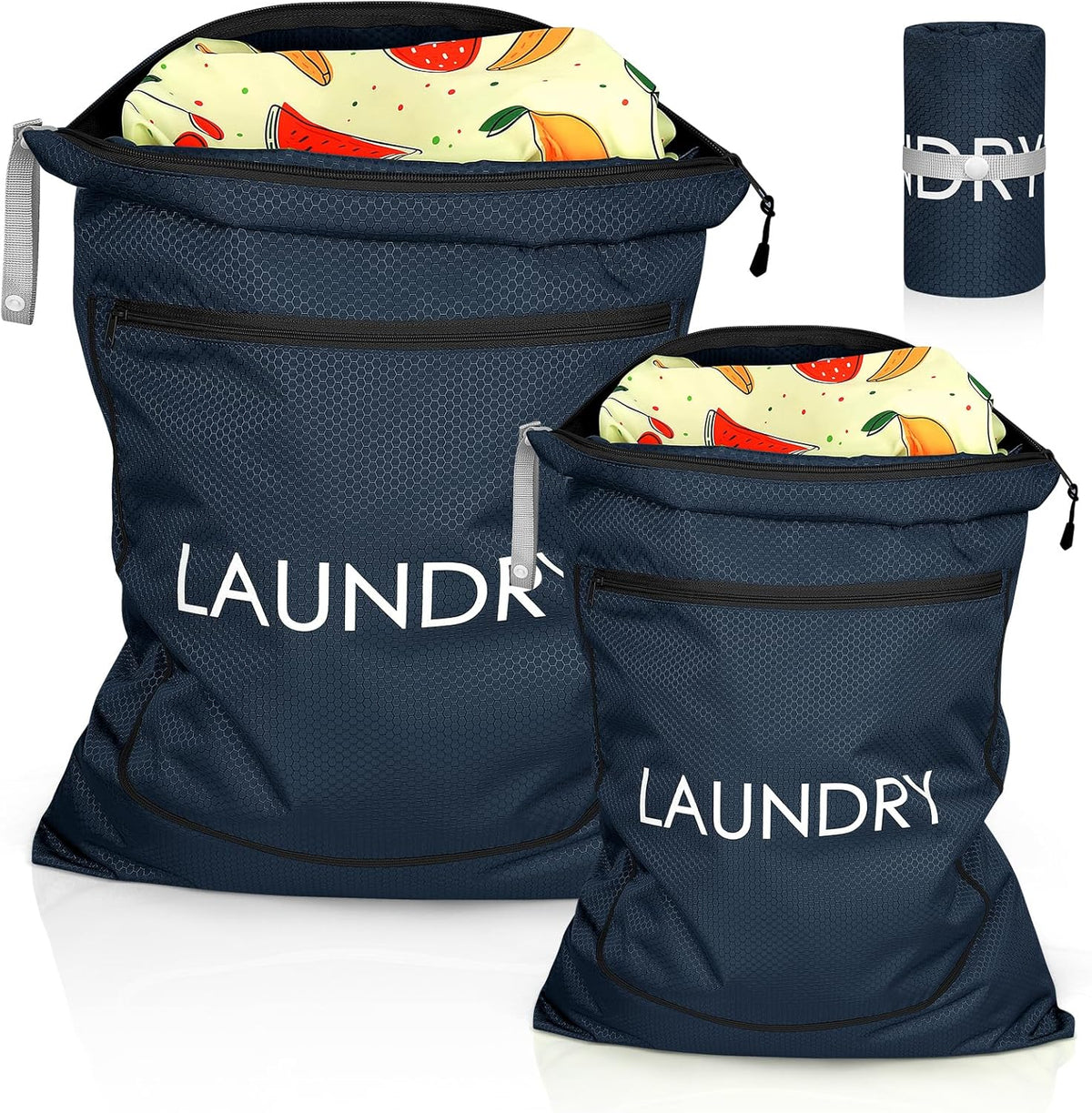 2 Pack Laundry Bags - Foldable Travel Dirty Clothes Organizer with Zipper, Washable Wet Dry Bag for Gym, Swimming, Yoga, and Workout Bathing Suits (Green, Small+ Large)
