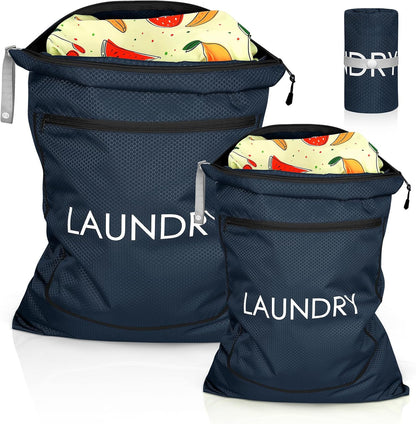 2 Pack Laundry Bags - Foldable Travel Dirty Clothes Organizer with Zipper, Washable Wet Dry Bag for Gym, Swimming, Yoga, and Workout Bathing Suits (Green, Small+ Large)