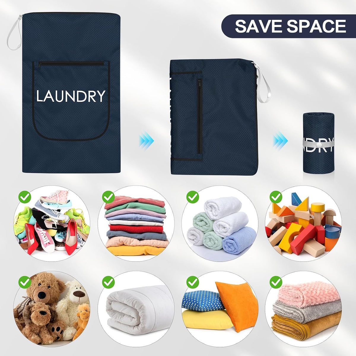 2 Pack Laundry Bags - Foldable Travel Dirty Clothes Organizer with Zipper, Washable Wet Dry Bag for Gym, Swimming, Yoga, and Workout Bathing Suits (Green, Small+ Large)