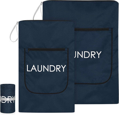 2 Pack Laundry Bags - Foldable Travel Dirty Clothes Organizer with Zipper, Washable Wet Dry Bag for Gym, Swimming, Yoga, and Workout Bathing Suits (Green, Small+ Large)