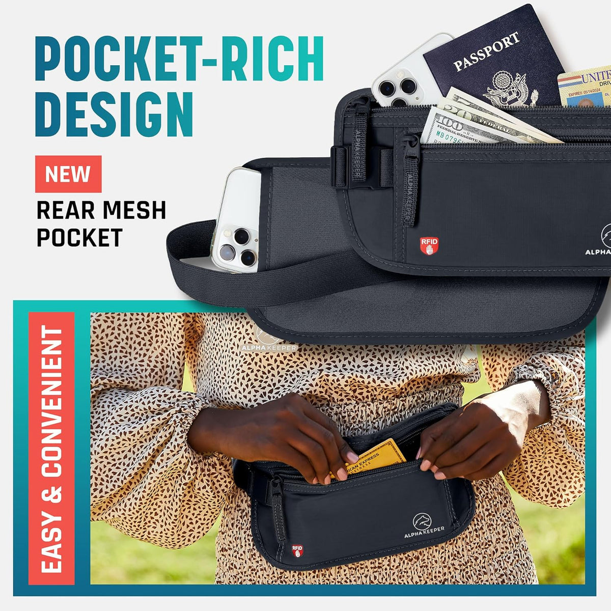 Money Belt for Travel Hidden Under Clothes – RFID Blocking Passport Holder & Slim Waist Wallet Pouch for Women & Men, Anti-Theft Travel Accessories