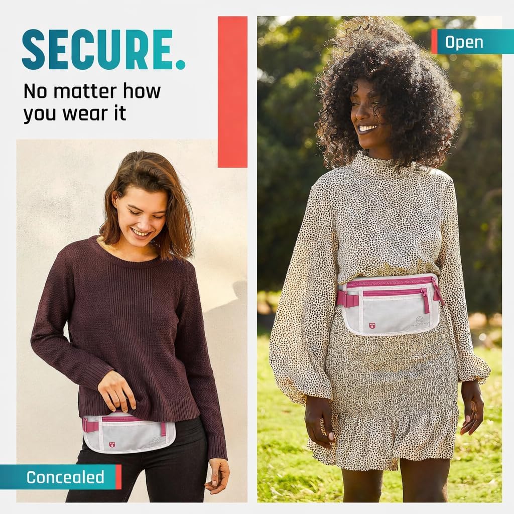 Money Belt for Travel Hidden Under Clothes – RFID Blocking Passport Holder & Slim Waist Wallet Pouch for Women & Men, Anti-Theft Travel Accessories