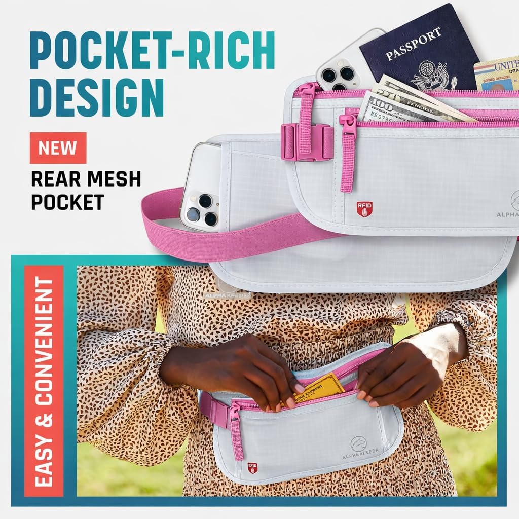 Money Belt for Travel Hidden Under Clothes – RFID Blocking Passport Holder & Slim Waist Wallet Pouch for Women & Men, Anti-Theft Travel Accessories
