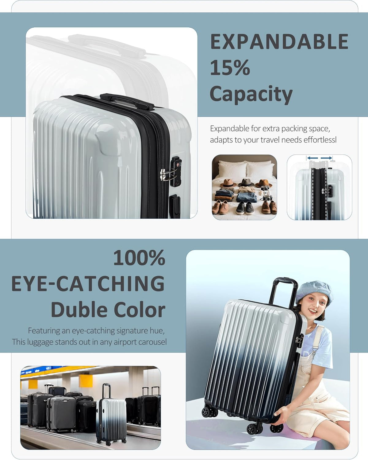Carry on Luggage - Airline Approved Suitcases with Spinner Wheels, Built-In TSA Lock，Hard Shell Expandable Suitcases