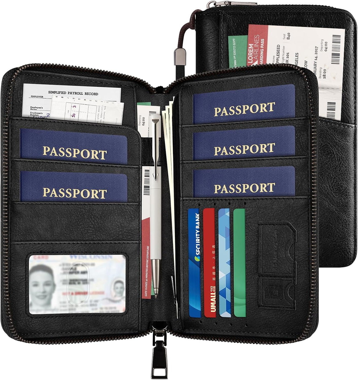 Likesing Family Passport Holder for 4, RFID Multiple Passport Holder-Brown | Leather RFID Blocking Travel Passport Wallet with Zipper, Travel Document Organizer with Wrist Strap Card Slots for Women Men