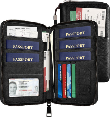 Likesing Family Passport Holder for 4, RFID Multiple Passport Holder-Brown | Leather RFID Blocking Travel Passport Wallet with Zipper, Travel Document Organizer with Wrist Strap Card Slots for Women Men