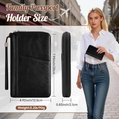 Likesing Family Passport Holder for 4, RFID Multiple Passport Holder-Brown | Leather RFID Blocking Travel Passport Wallet with Zipper, Travel Document Organizer with Wrist Strap Card Slots for Women Men